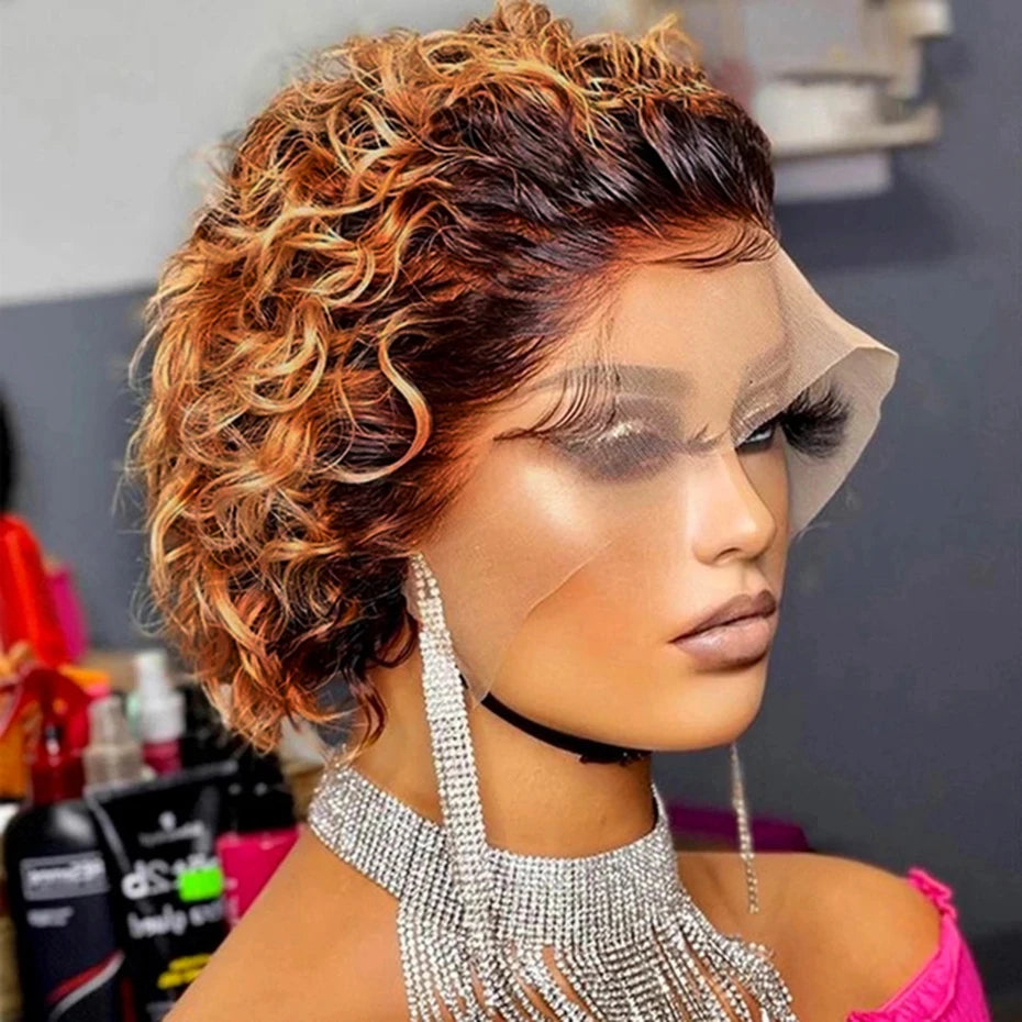 Peruca Wavy Pixie Cut Luzes 15 cm