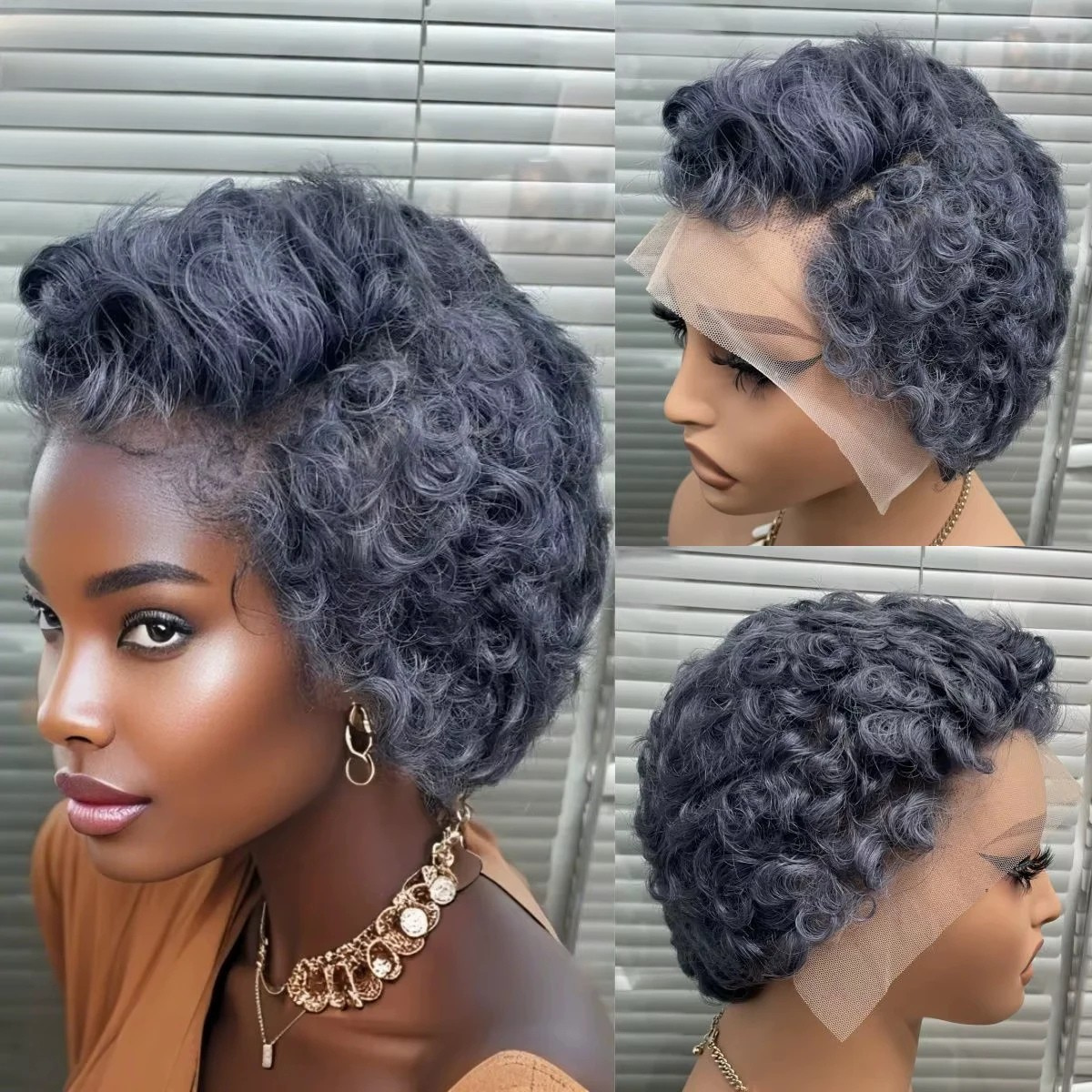 Peruca Wavy Pixie Cut Grisalho 15 cm – cabelo humano ondulado, lace front transparente, estilo curto e moderno La Dandara