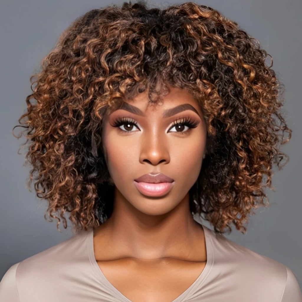 Peruca Afro Curly Bob com Franja, Feita de Cabelo Humano, Comprimento de 40 cm, Ideal para Autoestima e Estilo Natural | La Dandara