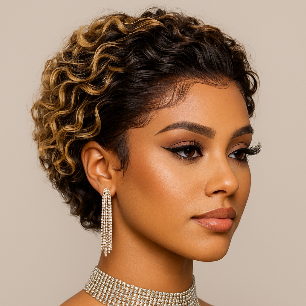 Peruca Wavy Pixie Cut Luzes 15 cm