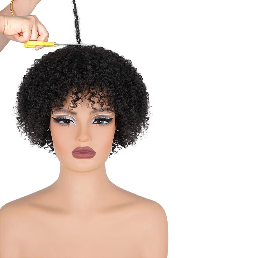 Peruca Afro Curly de Cabelo Humano com Franja 15 cm