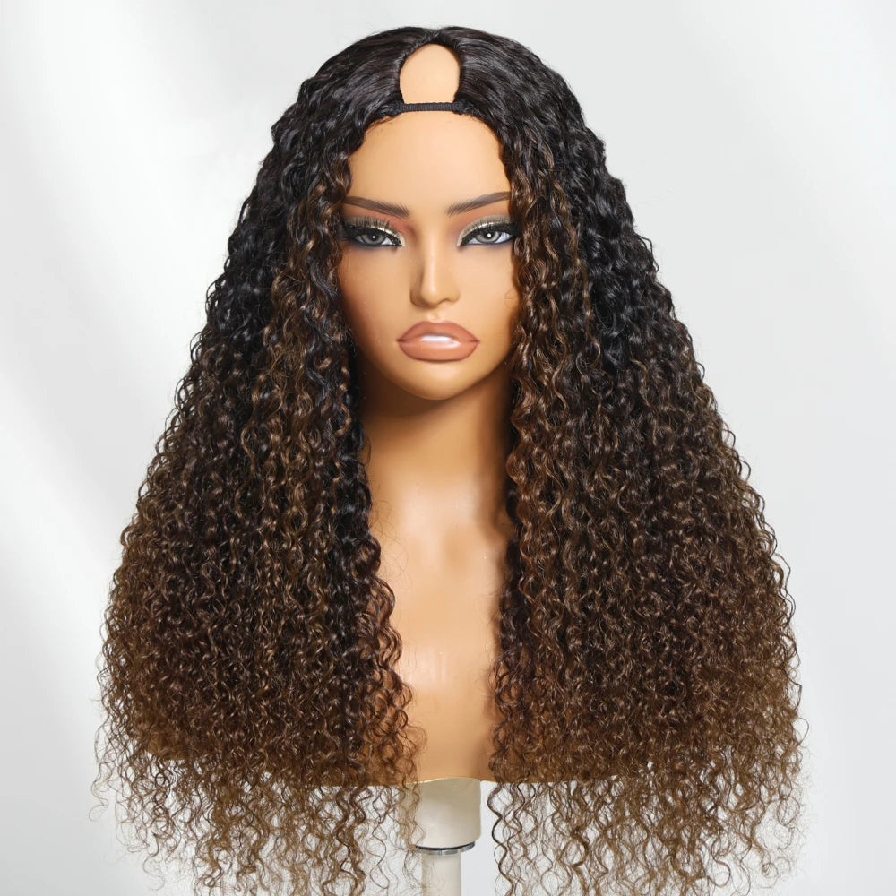 Peruca V Part Curly Ombre Castanho Mel Cabelo Humano 24 cm