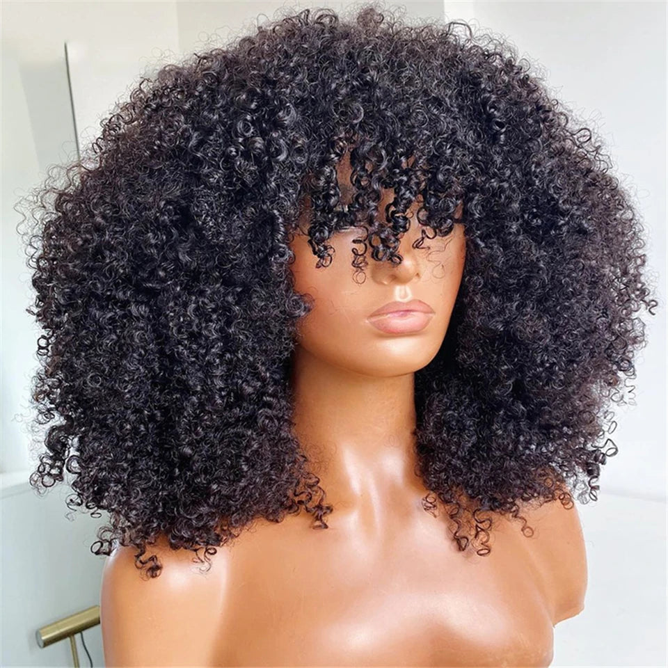 Peruca Afro Curly Bob com Franja, Feita de Cabelo Humano, Comprimento de 40 cm, Ideal para Autoestima e Estilo Natural | La Dandara