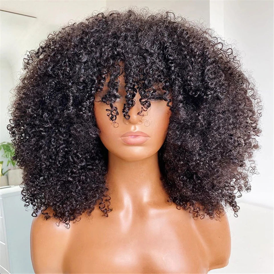 Peruca Afro Curly Bob com Franja, Feita de Cabelo Humano, Comprimento de 40 cm, Ideal para Autoestima e Estilo Natural | La Dandara